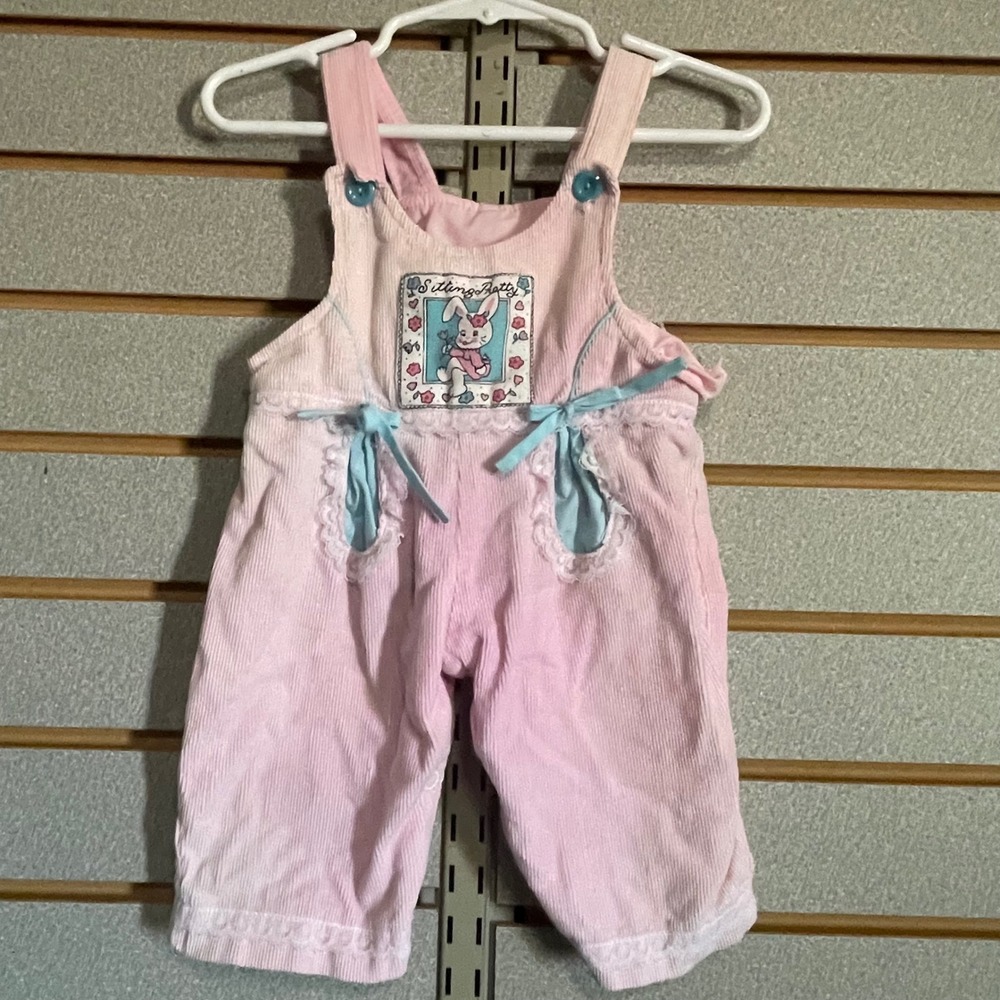 Vintage Pink Corduroy Bunny Overalls Lace Trim Sitting Pretty Baby Dungarees 3 6